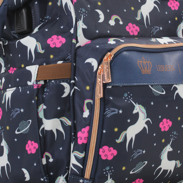 LeQueen Diaper Bag Backpack – Navy with Unicorn & Pink Cloud Print