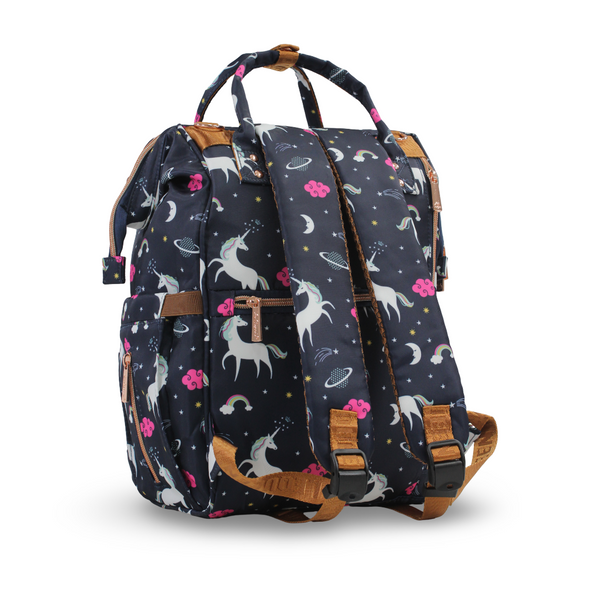 LeQueen Diaper Bag Backpack – Navy with Unicorn & Pink Cloud Print