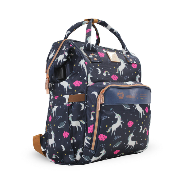 LeQueen Diaper Bag Backpack – Navy with Unicorn & Pink Cloud Print