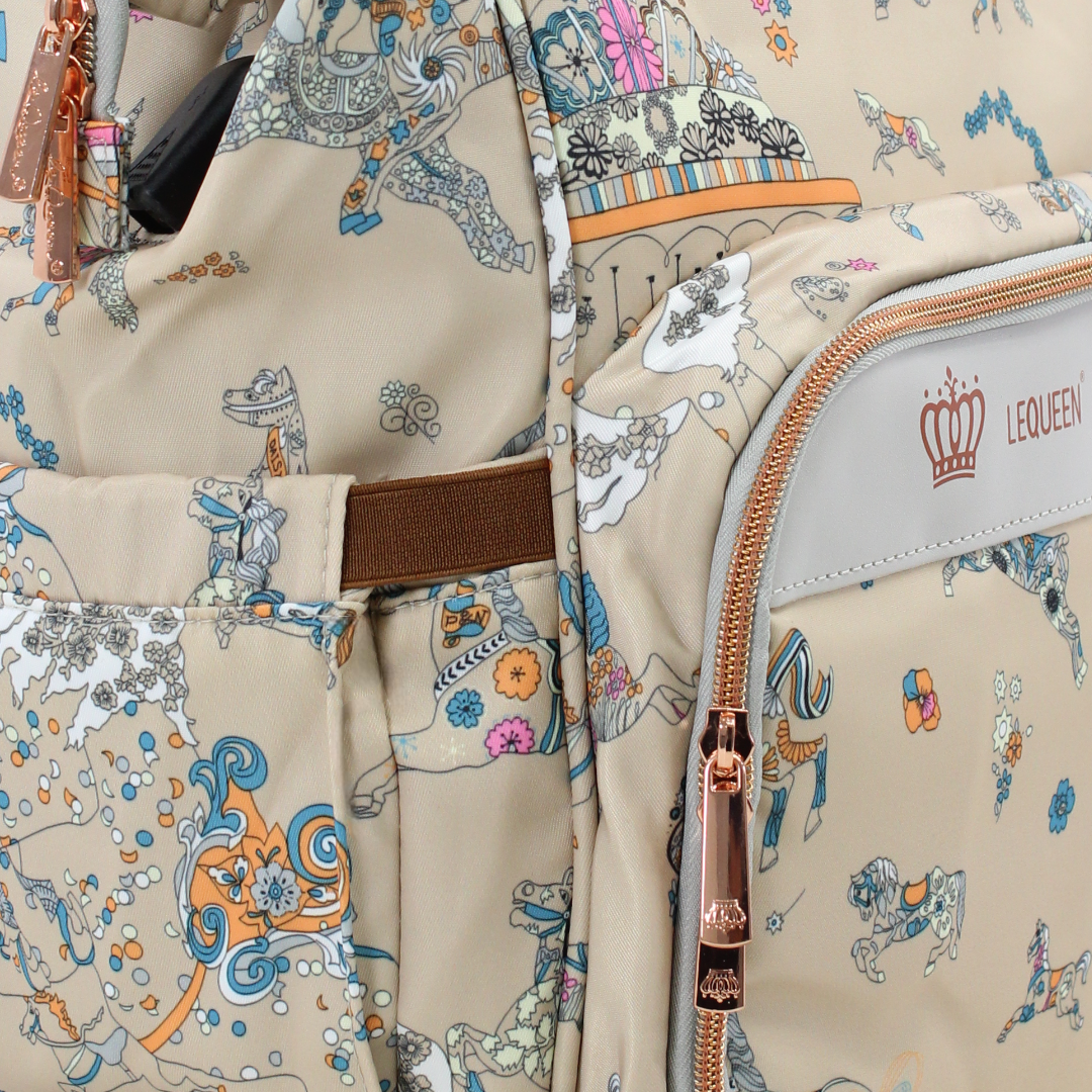 LeQueen Diaper Backpack – Beige with Horse Print