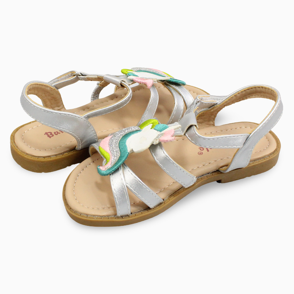 Girls Leather Sandals – Silver with Unicorn Detail