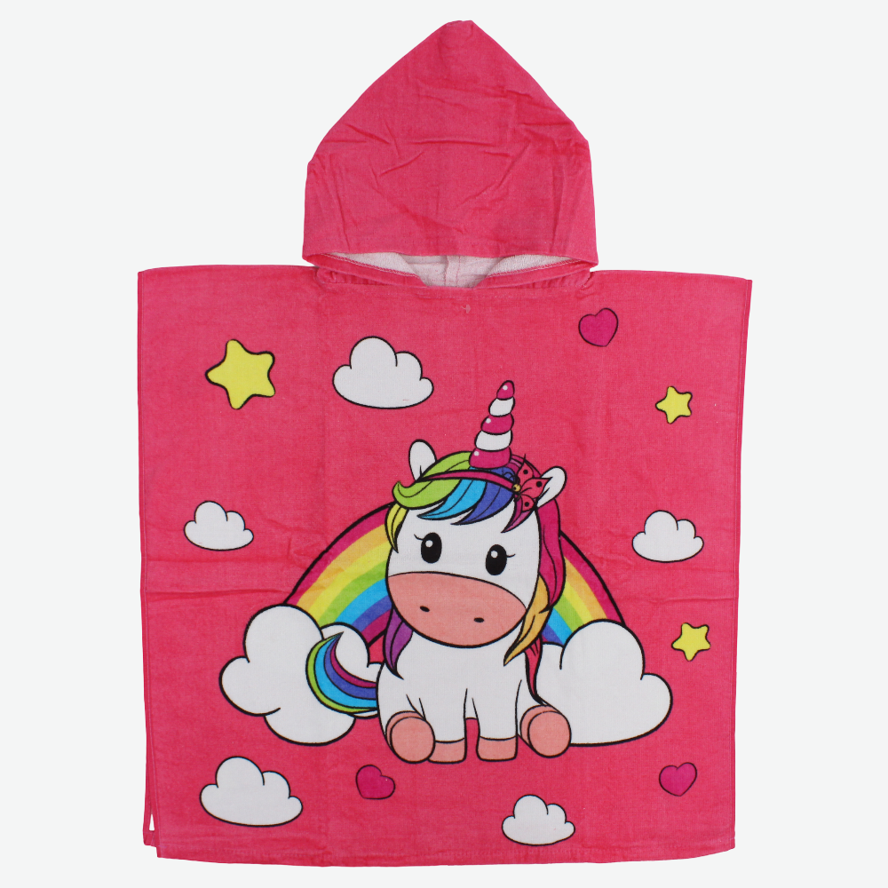 Girls Poncho Beach Towel with Hoodie - Pink with Unicorn Design