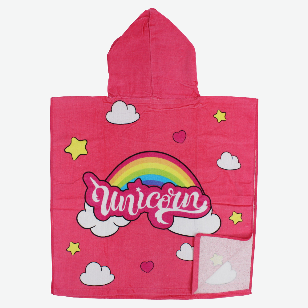 Girls Poncho Beach Towel with Hoodie - Pink with Unicorn Design