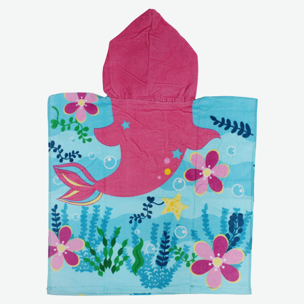 Girls Poncho Beach Towel with Hoodie - Aqua with Dolphin Print