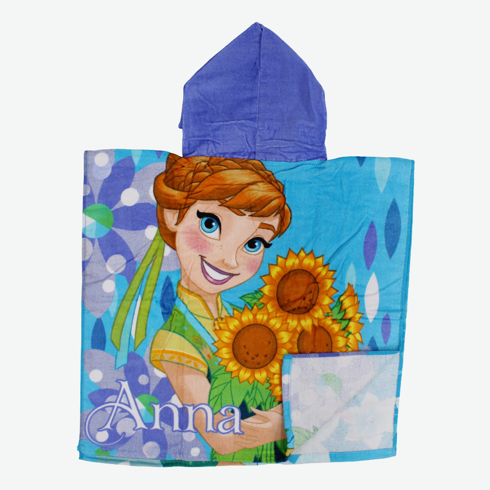 Girls Poncho Beach Towel with Hoodie -Aqua with Elsa Print