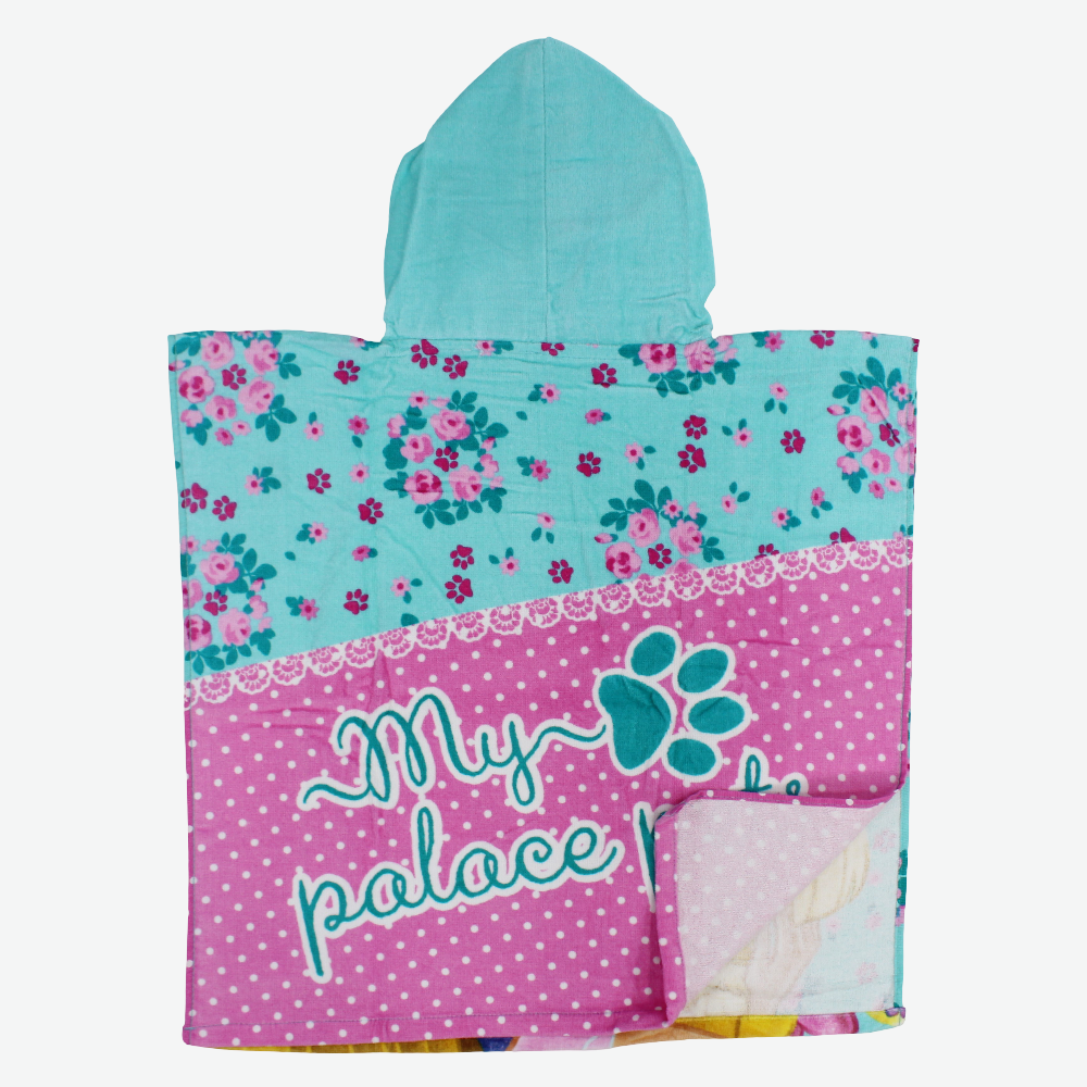 Girls Poncho Beach Towel with Hoodie -Aqua with Rapunzel Print
