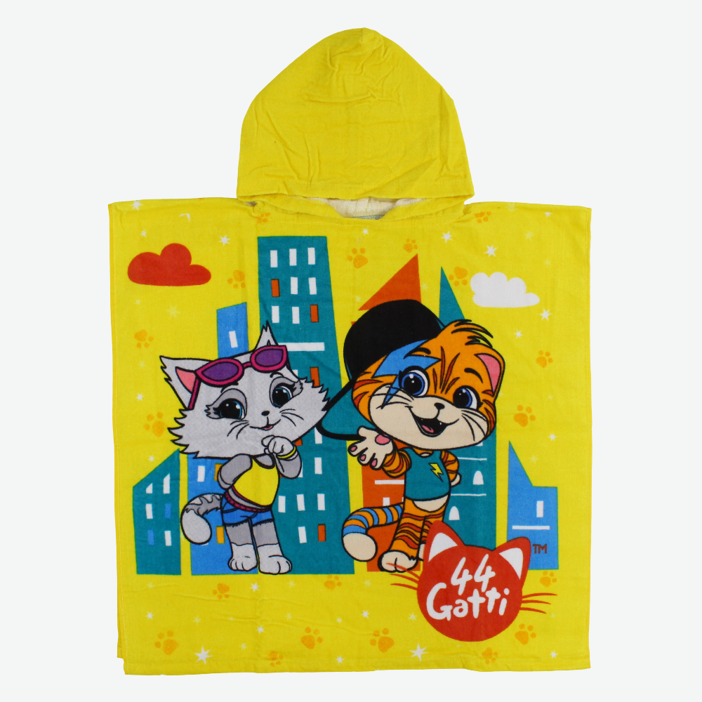 Girls Poncho Beach Towel with Hoodie - Yellow with 44 Gatti Print