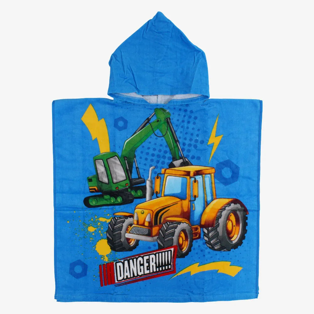 Boys Poncho Beach Towel with Hoodie – Blue with Tractors Design