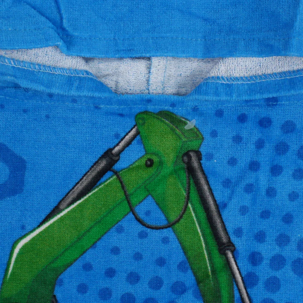 Boys Poncho Beach Towel with Hoodie – Blue with Tractors Design