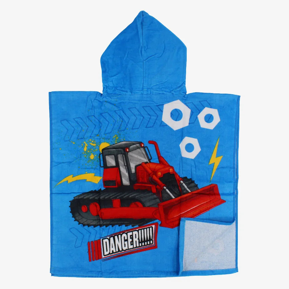 Boys Poncho Beach Towel with Hoodie – Blue with Tractors Design