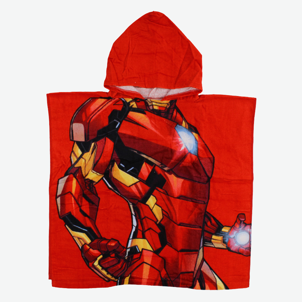 Boys Poncho Beach Towel with Hoodie – Red with Iron Man Print
