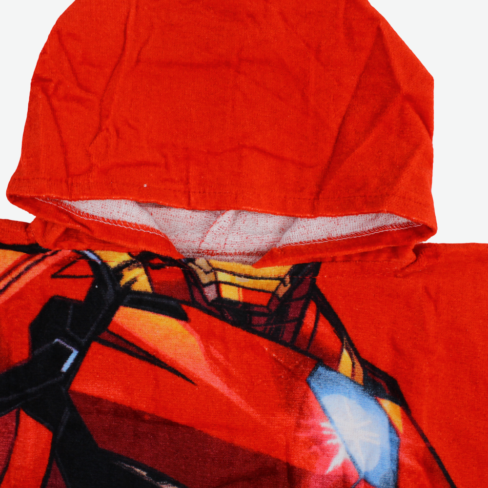 Boys Poncho Beach Towel with Hoodie – Red with Iron Man Print