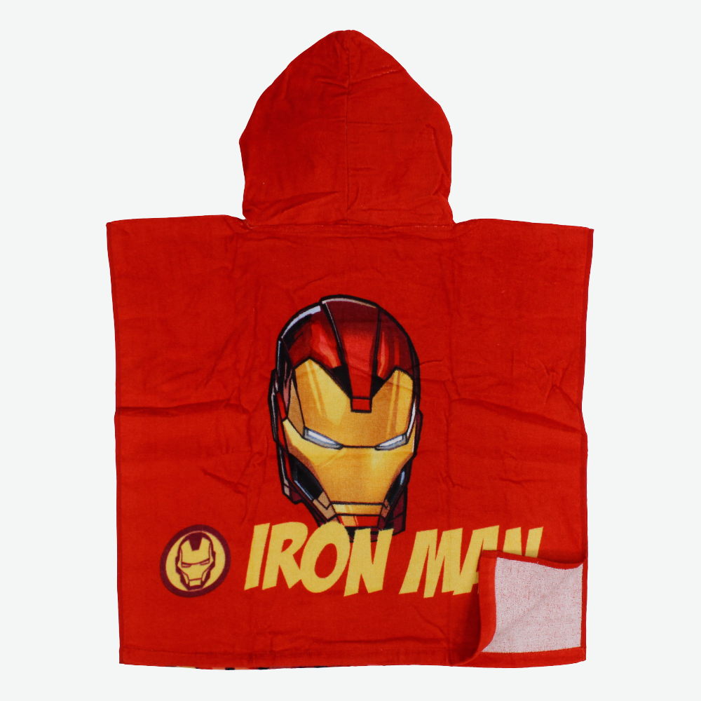 Boys Poncho Beach Towel with Hoodie – Red with Iron Man Print