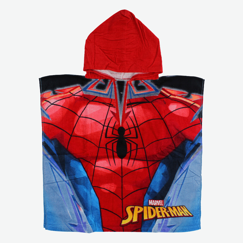 Boys Poncho Beach Towel with Hoodie – Red with Spiderman Print