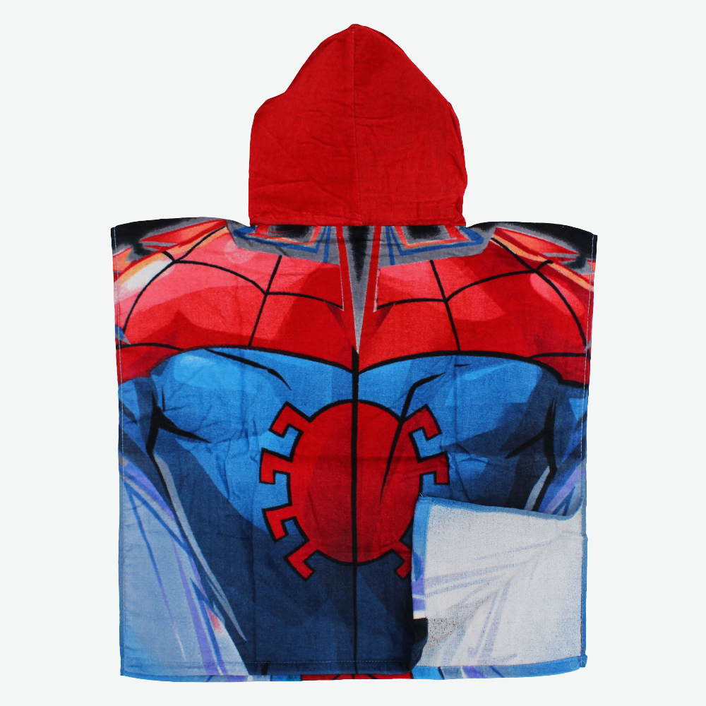 Boys Poncho Beach Towel with Hoodie – Red with Spiderman Print