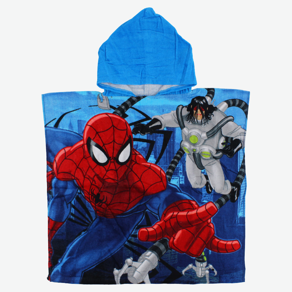 Boys Poncho Beach Towel with Hoodie – Blue with Spiderman Print
