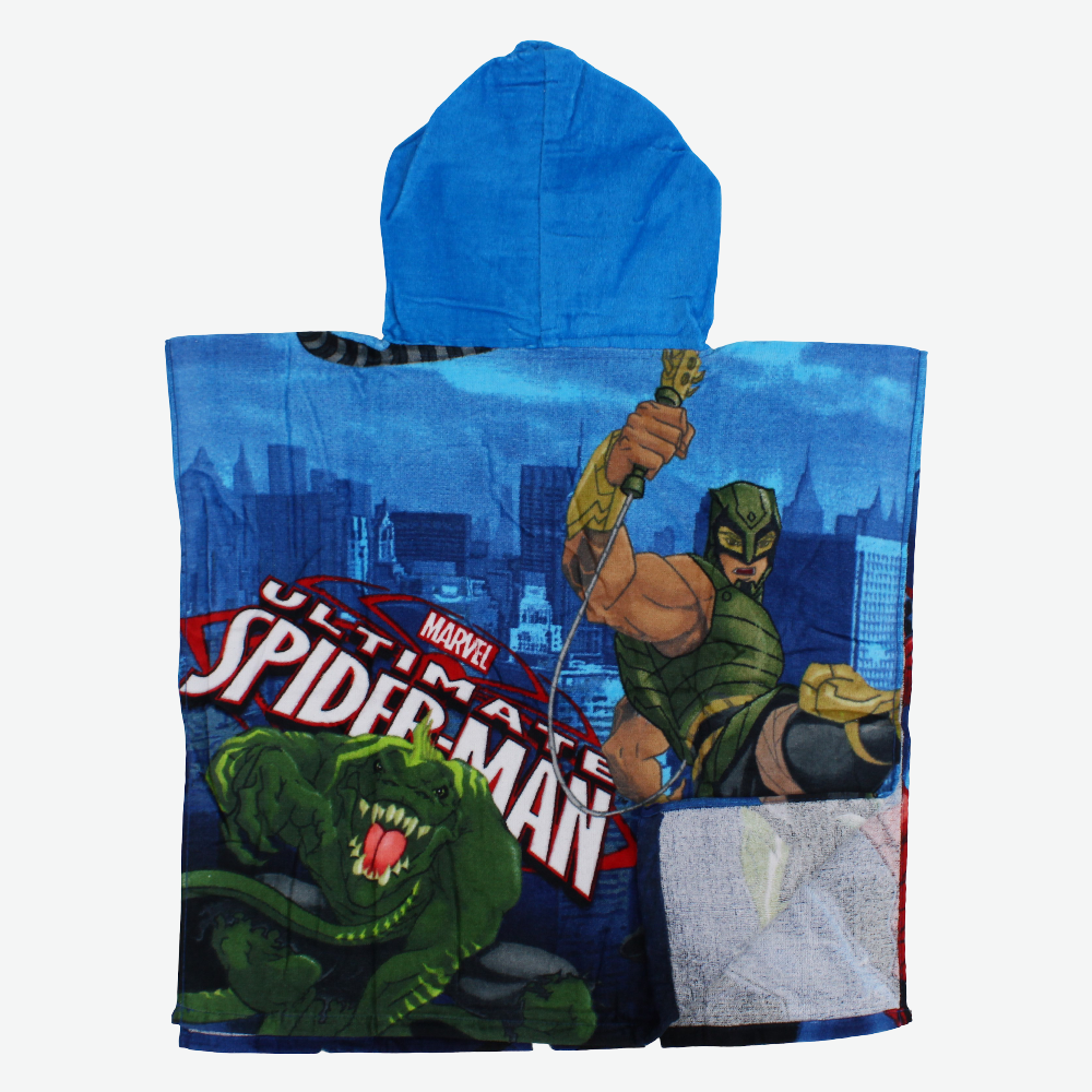 Boys Poncho Beach Towel with Hoodie – Blue with Spiderman Print