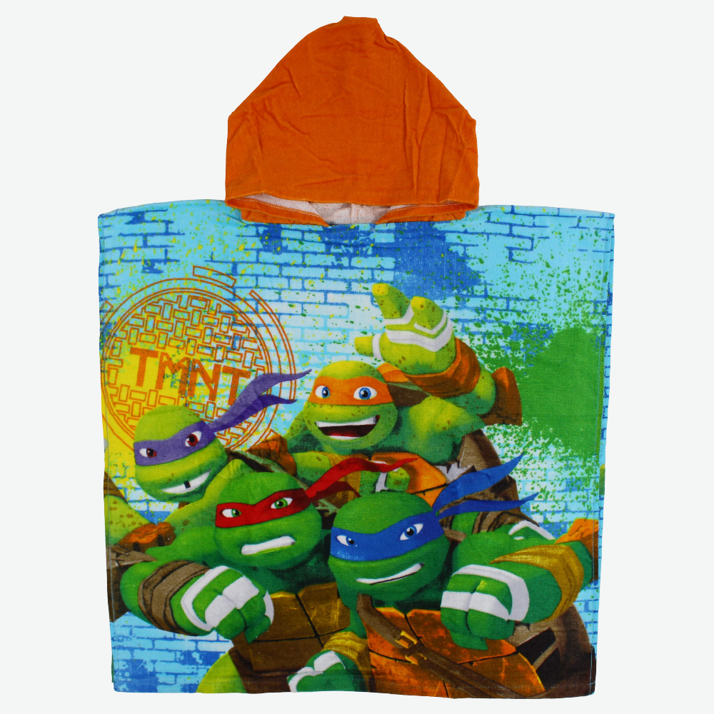 Boys Poncho Beach Towel with Hoodie – Green with Ninja Turtles Print