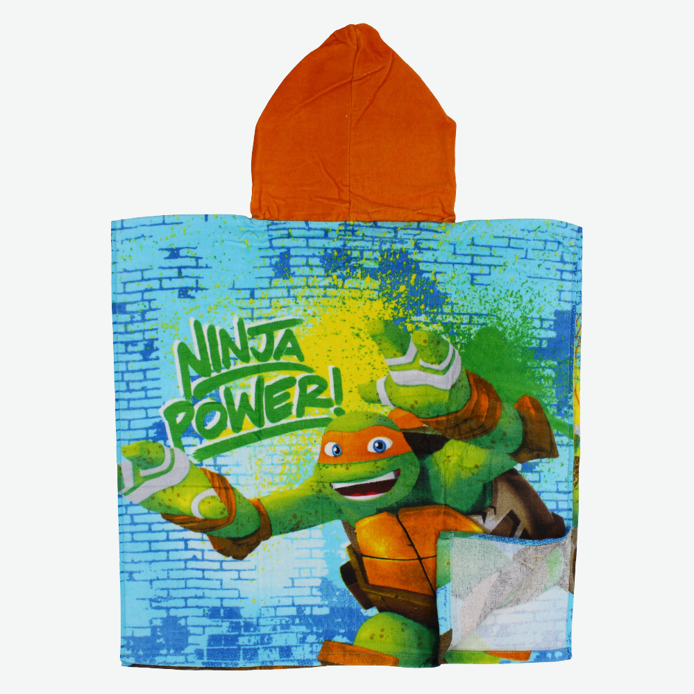 Boys Poncho Beach Towel with Hoodie – Green with Ninja Turtles Print