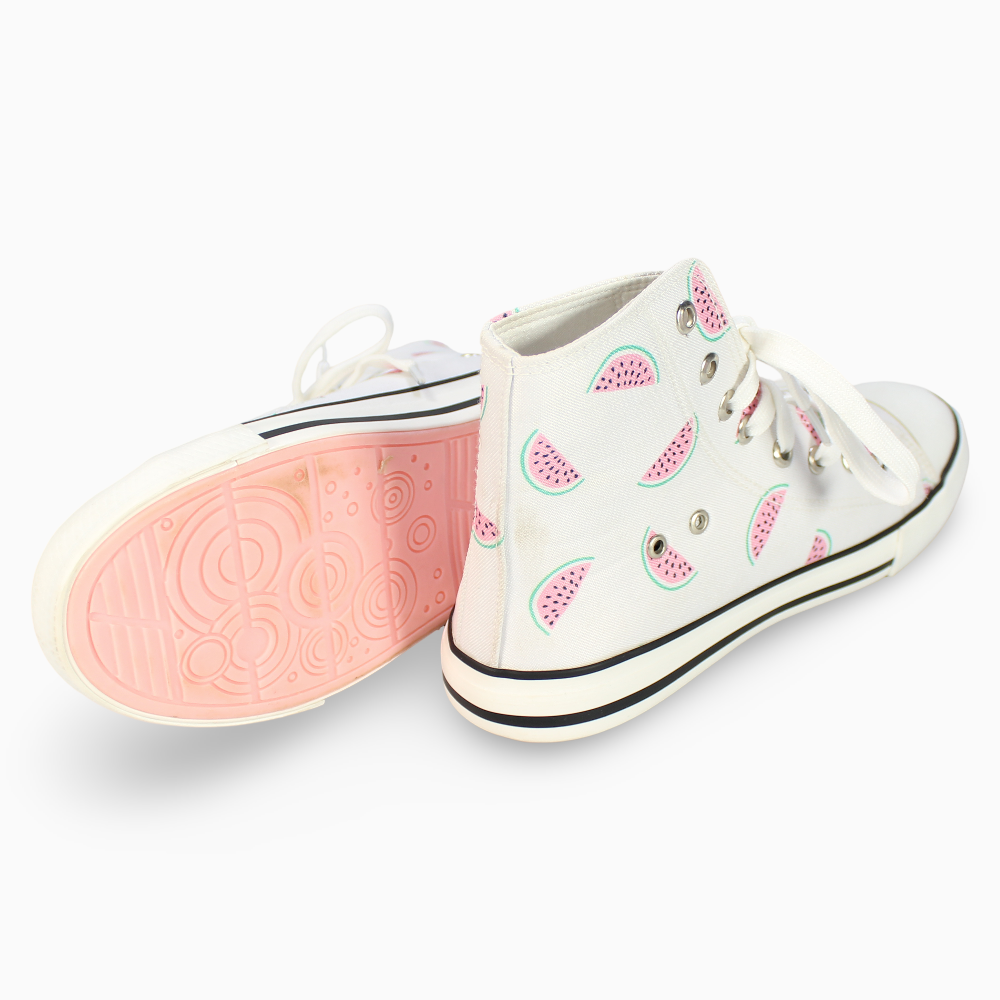 Girls Canvas Half Boots  - White with Watermelon Print