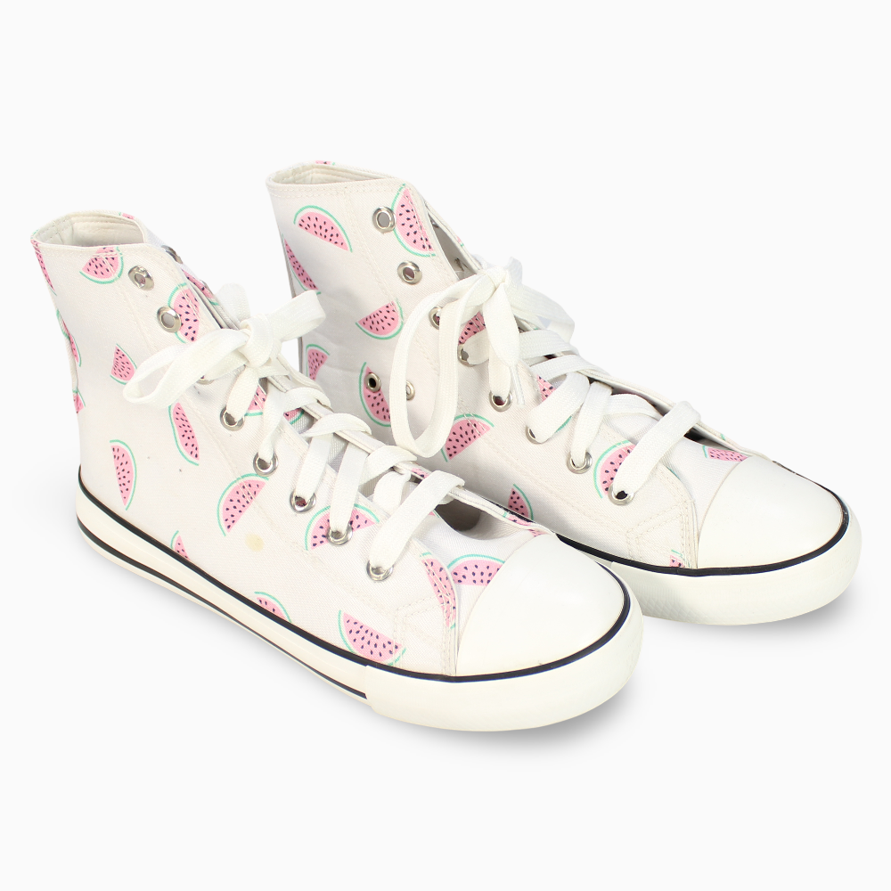 Girls Canvas Half Boots  - White with Watermelon Print