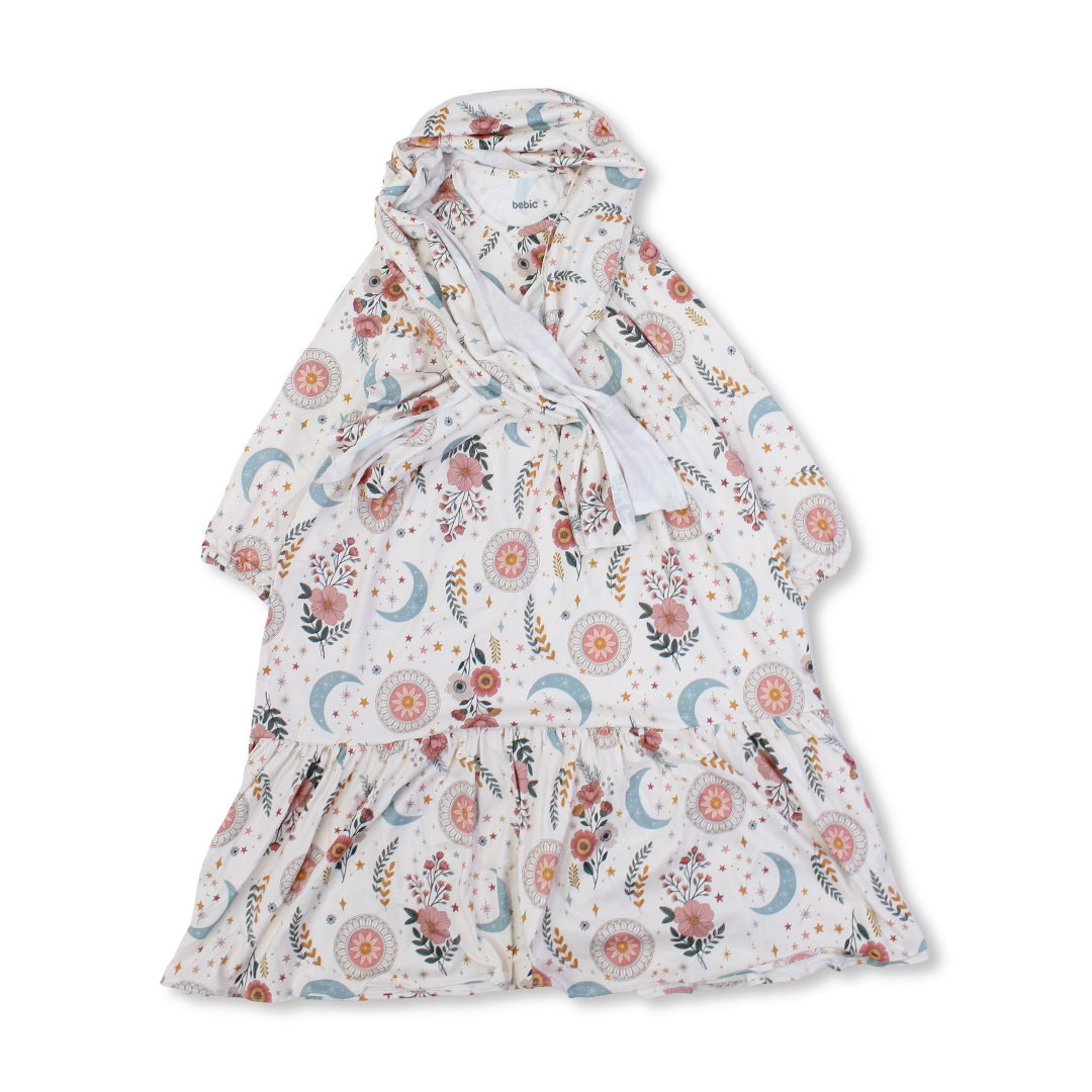 Girls Cotton Isdal – Off-White with Rose & Crescent Print