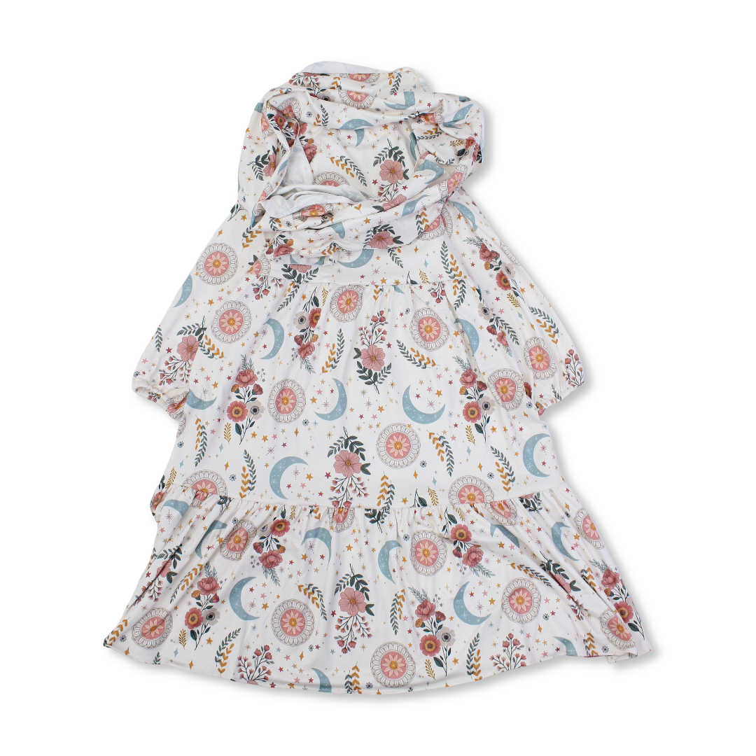 Girls Cotton Isdal – Off-White with Rose & Crescent Print