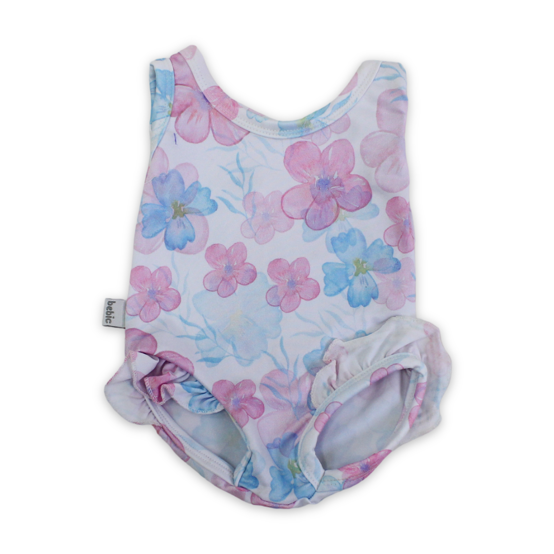 Baby Girls One-Piece Swimsuit – White with Flowers Print - Clothing - Bebic for kids