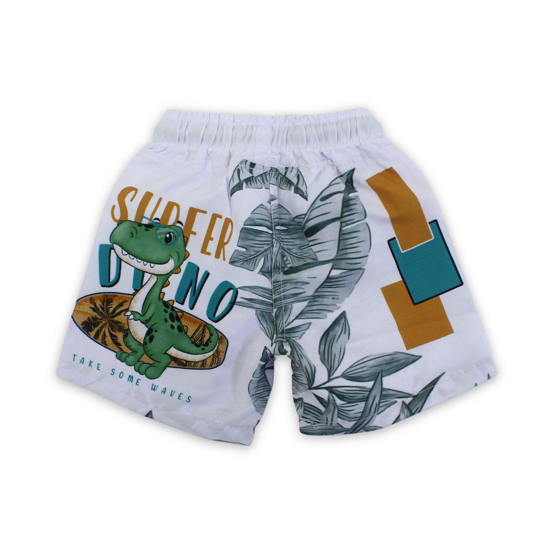 Baby Boys Swim Trunks – White with Dino Print