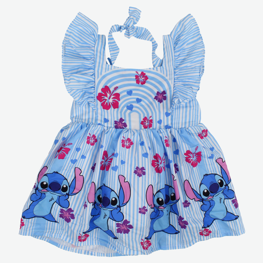 Girls Cotton Dress – Light Blue with Stitch Print