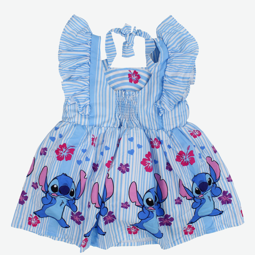 Girls Cotton Dress – Light Blue with Stitch Print