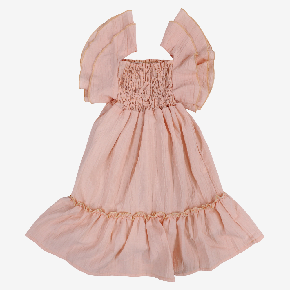 Girls Cotton Dress – Salmon with Ruffled Shoulders