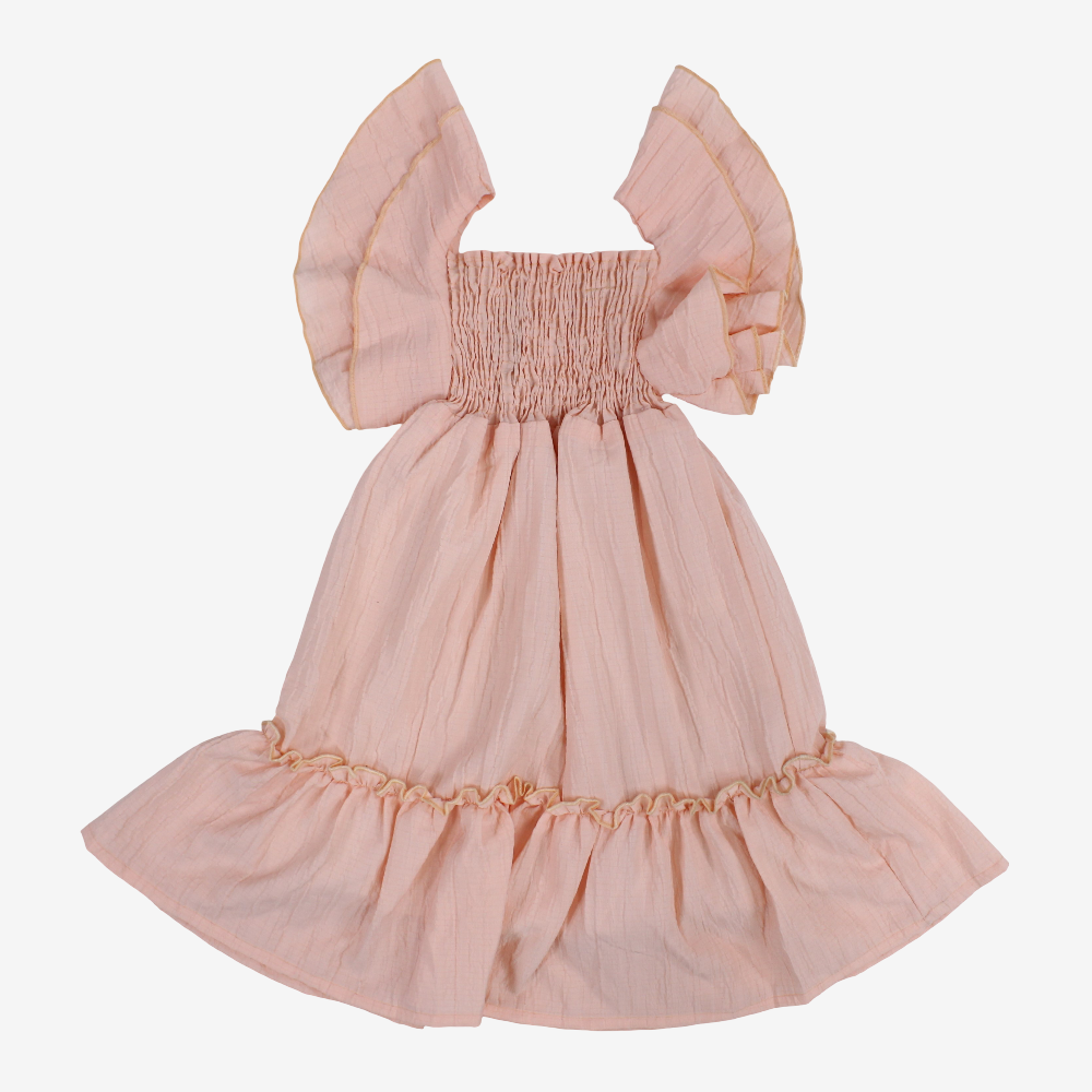 Girls Cotton Dress – Salmon with Ruffled Shoulders