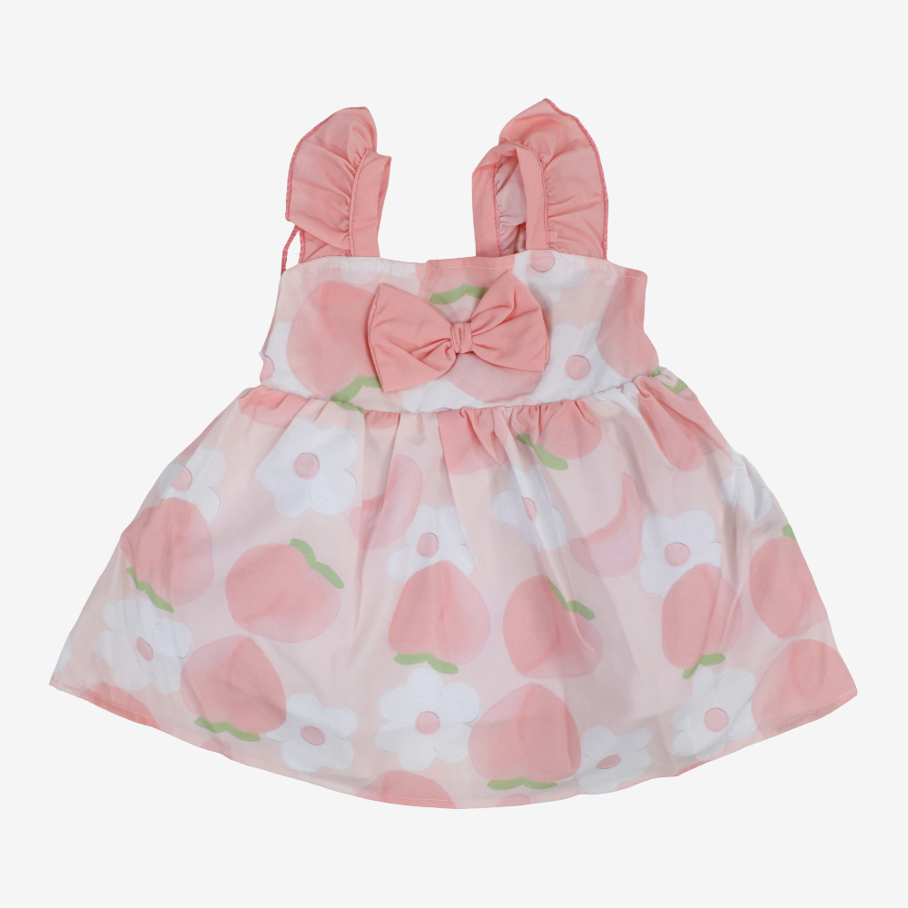 Baby Girls Cotton Dress – Salmon with Bow & Floral Print