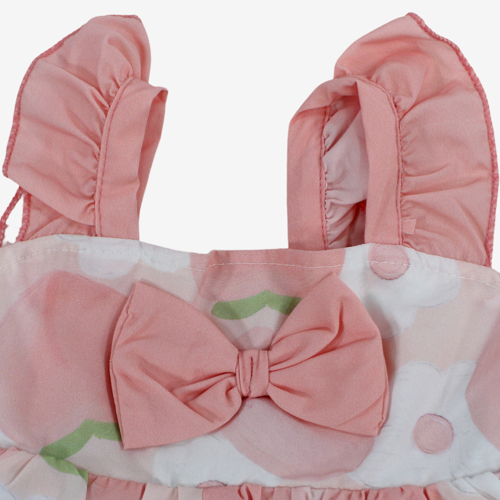 Baby Girls Cotton Dress – Salmon with Bow & Floral Print