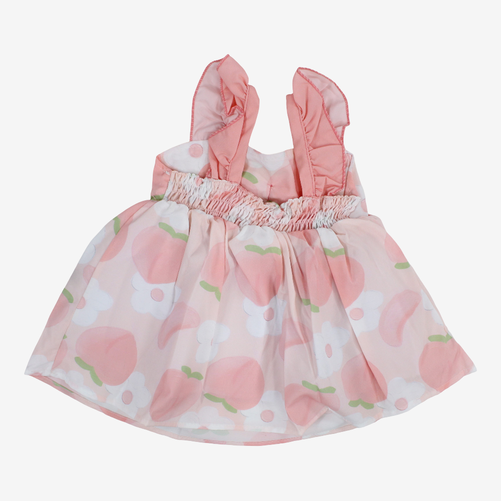 Baby Girls Cotton Dress – Salmon with Bow & Floral Print