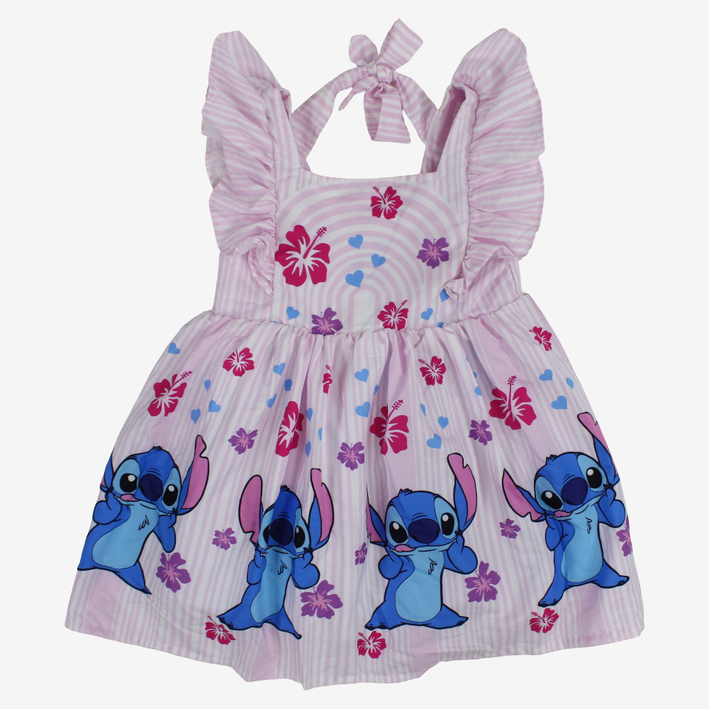 Girls Cotton Dress – Pink with Stitch Print