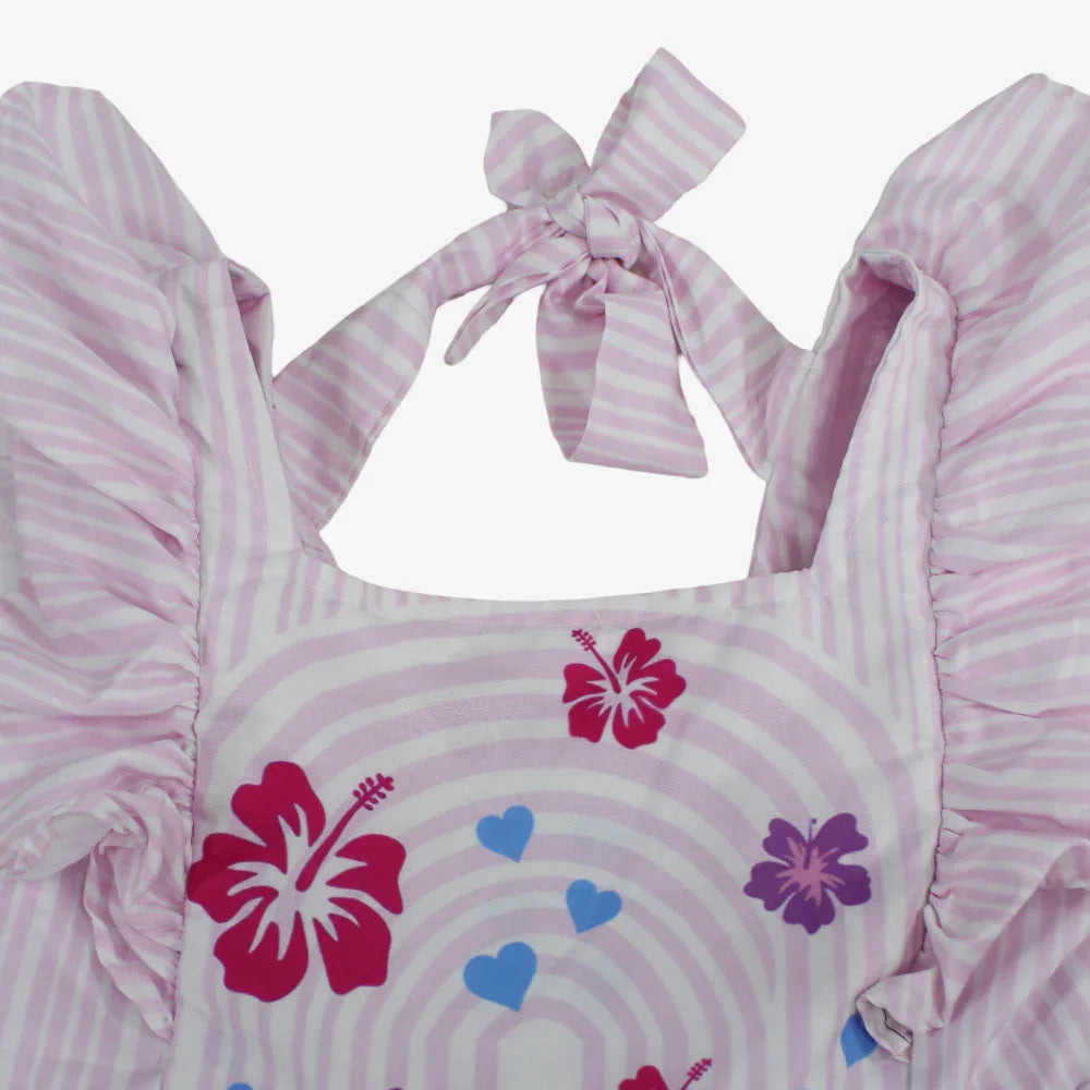 Girls Cotton Dress – Pink with Stitch Print