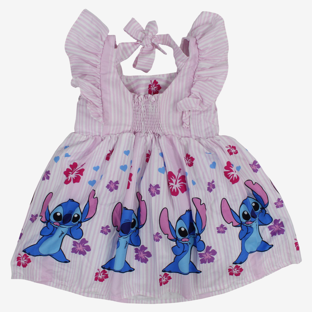 Girls Cotton Dress – Pink with Stitch Print
