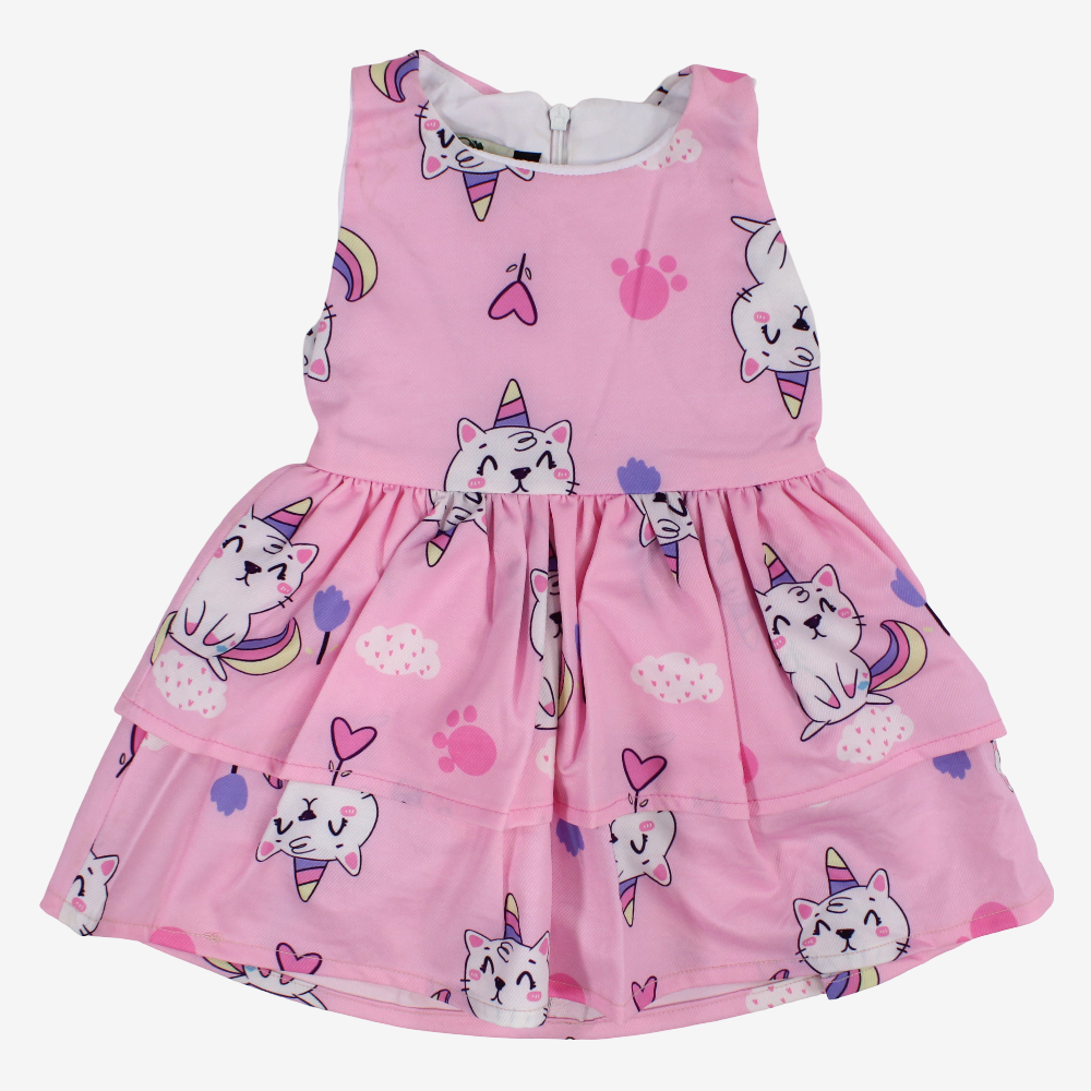 Baby Girls Cotton Dress – Pink with Unicorn Cat Print