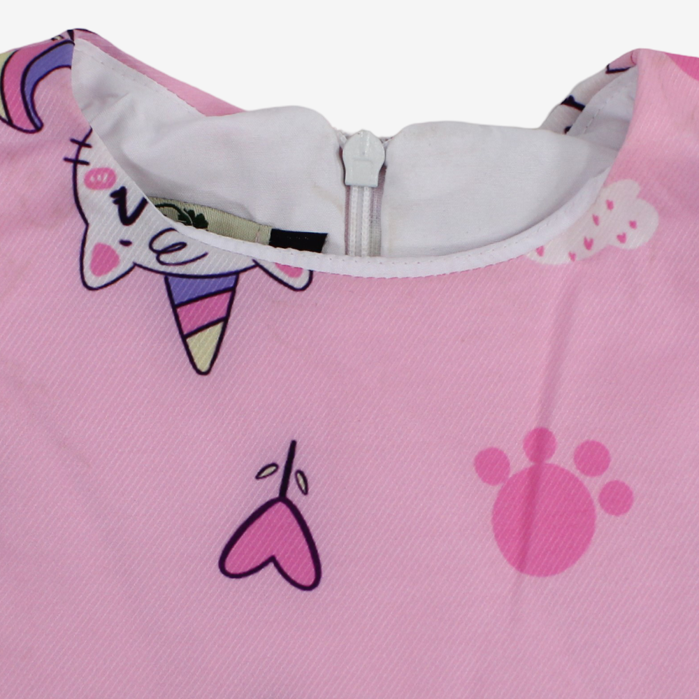 Baby Girls Cotton Dress – Pink with Unicorn Cat Print
