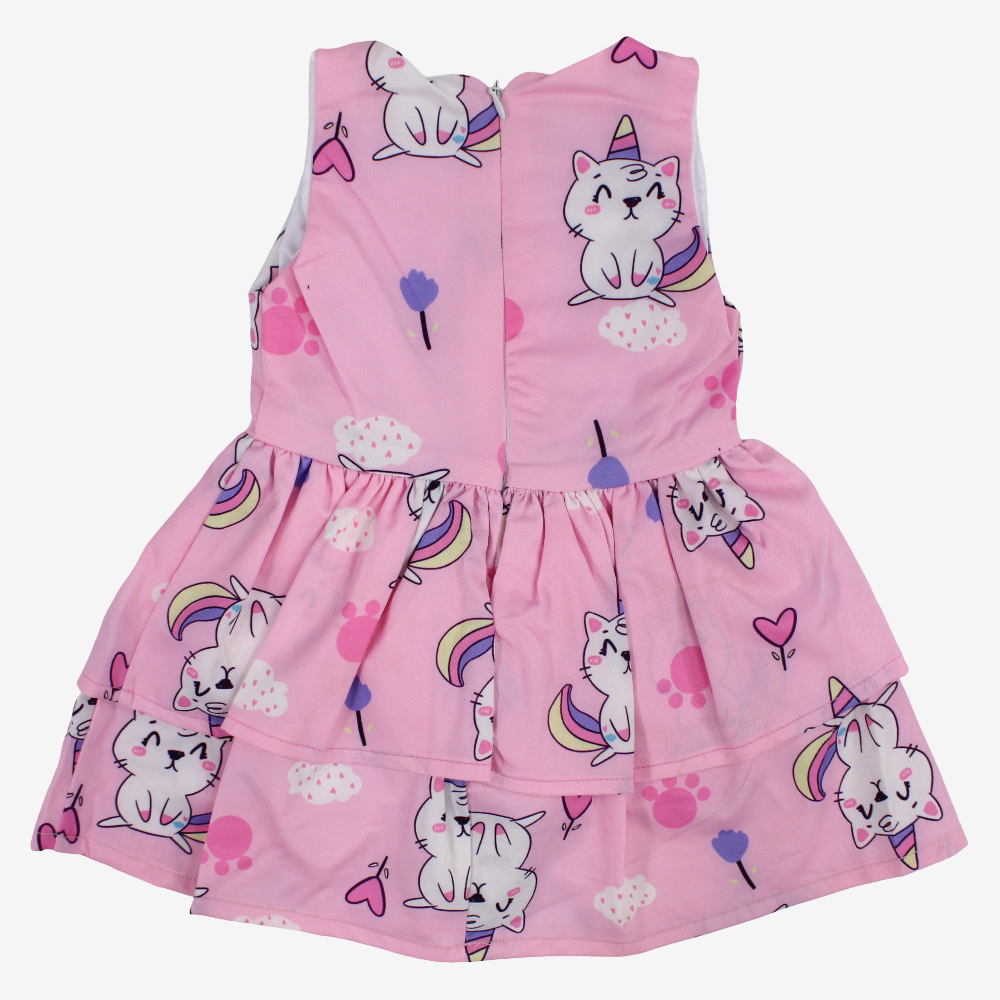 Baby Girls Cotton Dress – Pink with Unicorn Cat Print