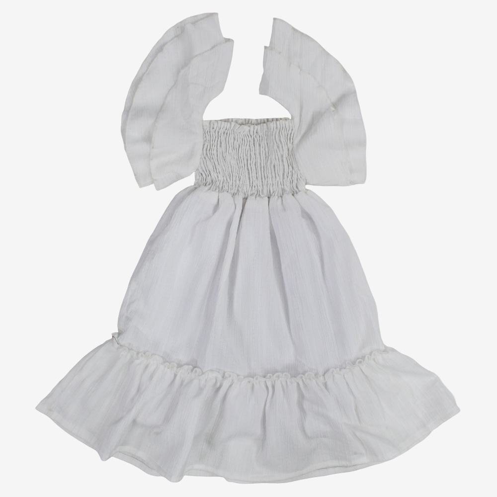 Girls Cotton Dress – Off-White with Ruffled Shoulders