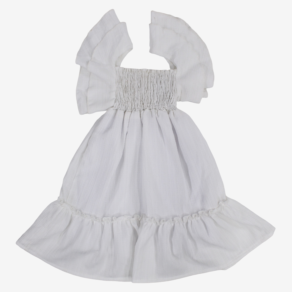 Girls Cotton Dress – Off-White with Ruffled Shoulders