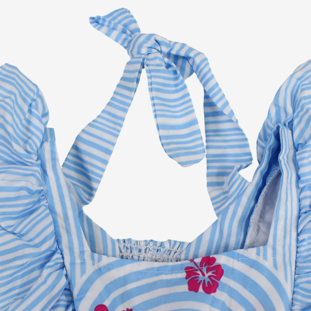 Baby Girls Cotton Dress – Baby Blue with Stitch Print