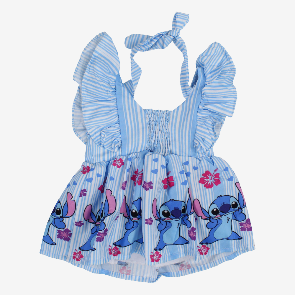 Baby Girls Cotton Dress – Baby Blue with Stitch Print