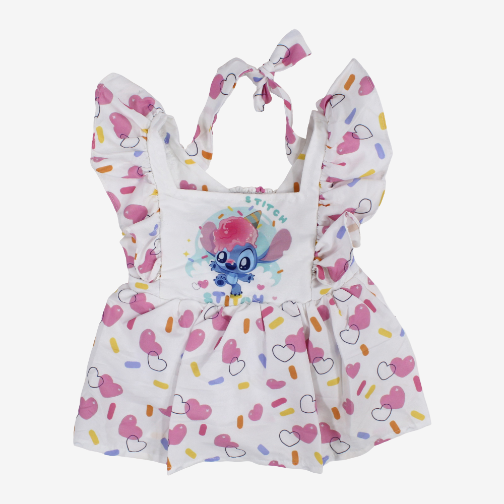 Baby Girls Cotton Dress – Off-white with Stitch Print