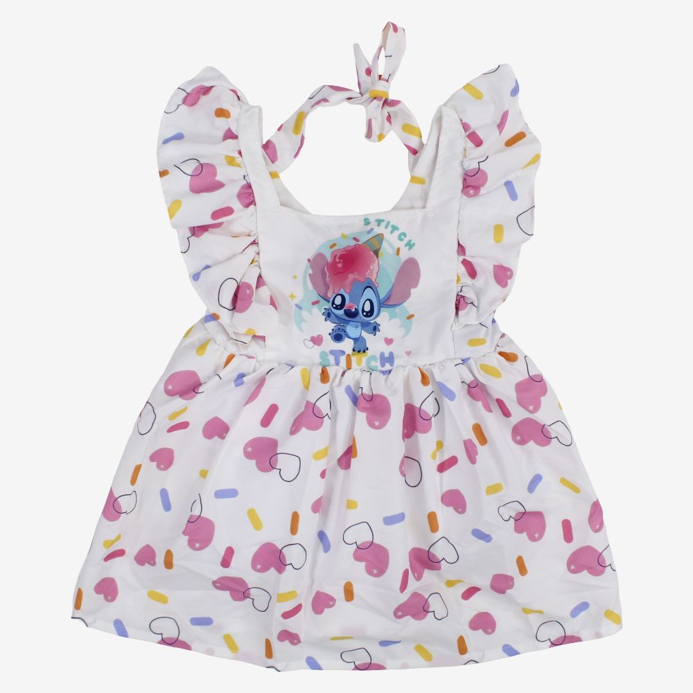 Girls Cotton Dress – Off-white with Stitch Print