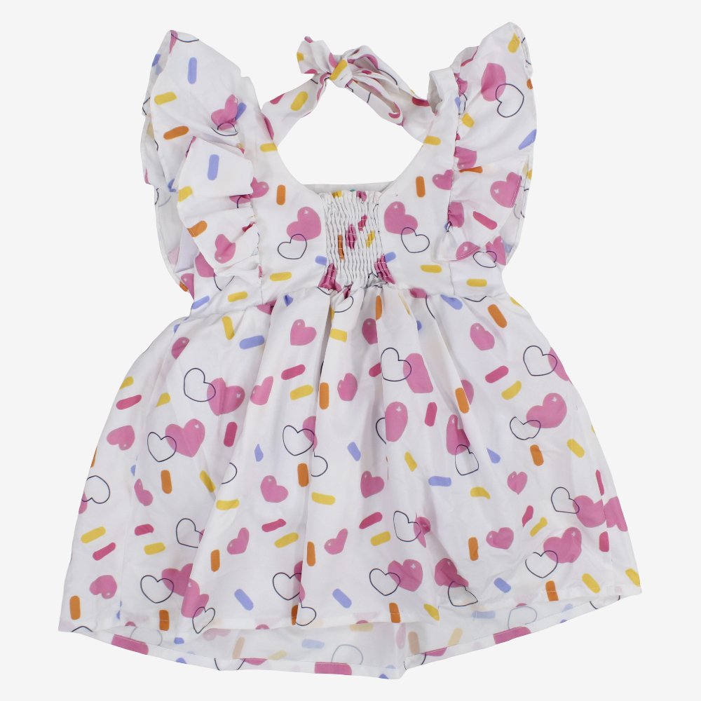 Girls Cotton Dress – Off-white with Stitch Print
