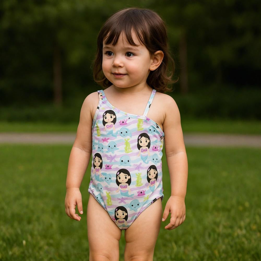 Baby Girls Swimsuit - White with Cute Mermaids Print